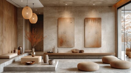 Intérieur contemporain minimaliste avec art abstrait, banc élégant, et éclairage moderne