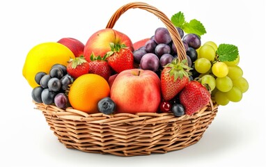 basket with fruits, fresh fruit on white blackground
