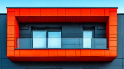 Façade moderne aux lignes géométriques avec un auvent orange vif et des fenêtres réfléchissantes