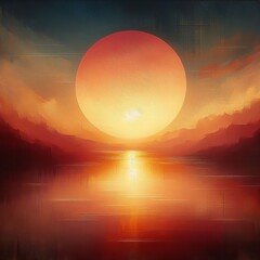 Sunset over the lake. Grunge background. Print art.