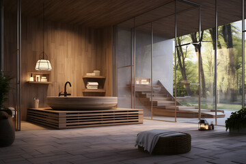 spa bathroom with a sauna and a relaxation area