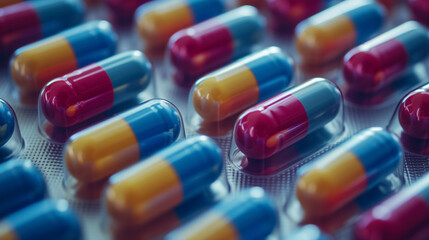 Multicolored capsules in blister packaging.