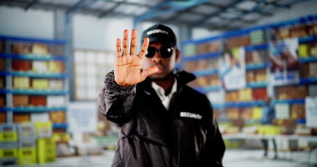 Security Guard In Warehouse Making Stop Gesture