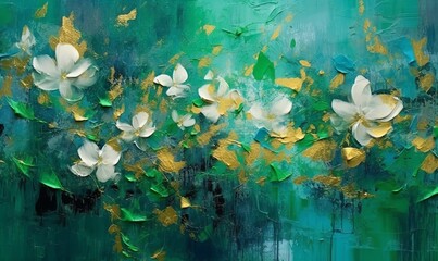 Abstract artistic background. Golden brushstrokes. Textured background. Oil on canvas. modern Art. Floral, green, gray, wallpapers, posters, cards, murals, rugs, hangings, prints