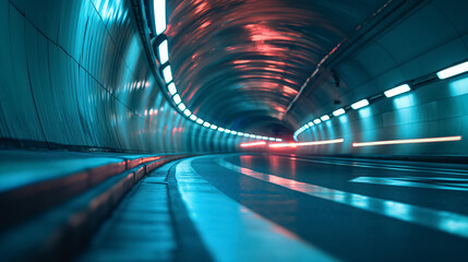 Futuristic tunnel with blue lights and motion blur.