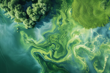 The effects of eutrophication, where bright blue-green algae cover bodies of water, emphasizing a serious ecological imbalance caused by an excess of nutrients. - obrazy, fototapety, plakaty