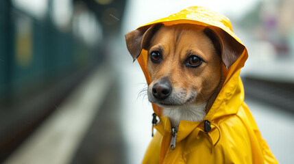 Dog in yellow raincoat waiting at a train station.