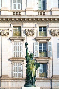 Small replica of the Statue of Liberty on Promenade des Anglais in Nice, France. Statue is made by Bartholdi and is one of several statues which helped him create the huge New York statue