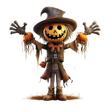 3D Cartoon Style Halloween Scare Crow Strawman No Background Perfect for Print on Demand