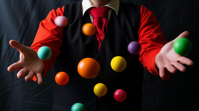 Magician juggling colorful balls in a dynamic display.