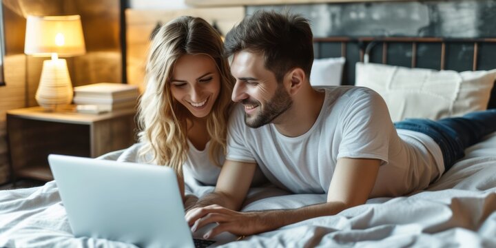 Smiling couple using a laptop lying on their bed