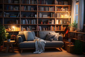room with a cozy reading nook and bookshelves  - obrazy, fototapety, plakaty