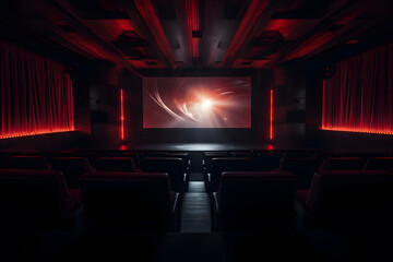 A theater space with a motorized projection scree