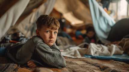 Boy in makeshift tent, looking out wistfully.