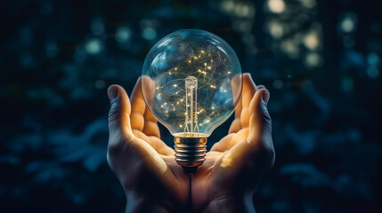 A light bulb shines in the hands of an engineer inspirational thinking ideas Creative solutions for sustainable business growth Engineer checking technology - obrazy, fototapety, plakaty