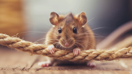 Curious mouse nibbling on a thick rope.