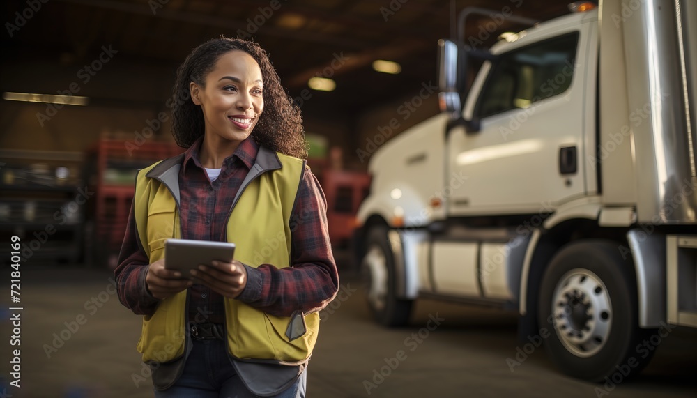 Wall mural Worker standing next to her delivery truck 