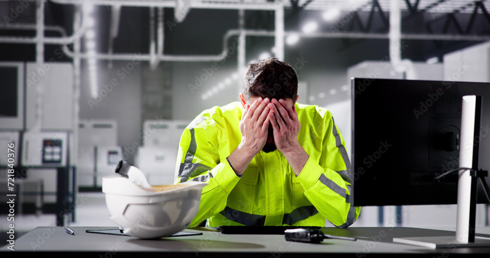 Poster shocked engineer in automated semiconductor assembly line