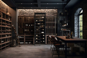 wine cellar with a glass enclosed wine storage room - obrazy, fototapety, plakaty
