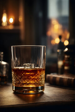 a whisky glass filled with whisky and an ice cube stands on a table