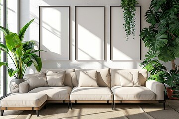 Blank horizontal poster frames mock up in minimal white style living room interior, modern living room interior background