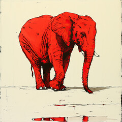 Drawing of a red elephant on a beige background
