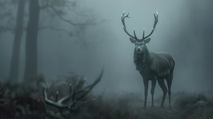 A deer with huge antlers walks through a dark dark forest
