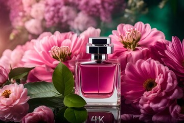 Obraz na płótnie Canvas Celebrate the allure of luxury with our wide banner featuring a luxury glass or crystal perfume bottle against a background of pink and green flowers.