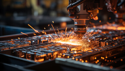Automated robotic arms creating sparks while precision welding a car body on an industrial assembly line in a vehicle manufacturing plant.