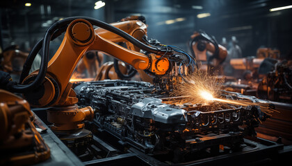 Automated robotic arms creating sparks while precision welding a car body on an industrial assembly line in a vehicle manufacturing plant. - obrazy, fototapety, plakaty