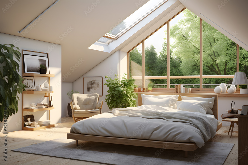 Wall mural airy bedroom with a vaulted ceiling and skylights