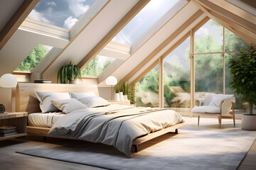 airy bedroom with a vaulted ceiling and skylights - obrazy, fototapety, plakaty