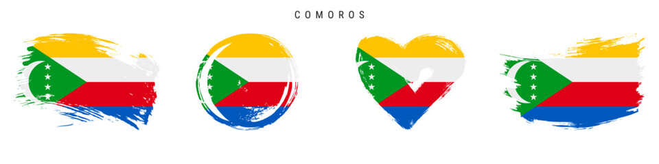 Comoros hand drawn grunge style flag icon set. Union of the Comoros banner in official colors. Free brush stroke shape, circle and heart-shaped. Flat vector illustration isolated on white.