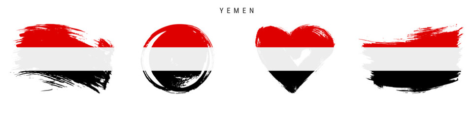 Yemen hand drawn grunge style flag icon set. Yemeni banner in official colors. Free brush stroke shape, circle and heart-shaped. Flat vector illustration isolated on white.