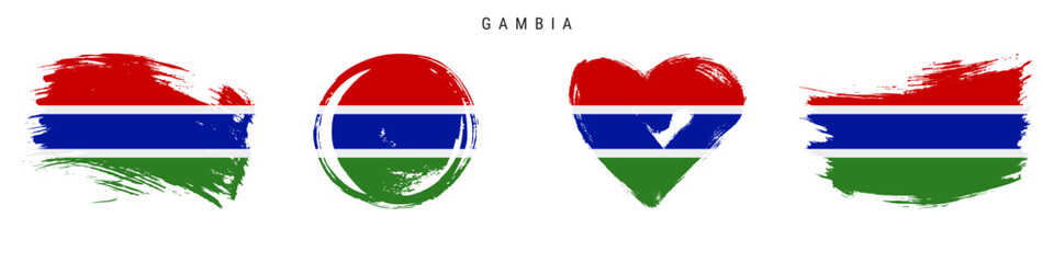 Gambia hand drawn grunge style flag icon set. Gambian banner in official colors. Free brush stroke shape, circle and heart-shaped. Flat vector illustration isolated on white.