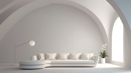 Curved white sofa in room with arch. Minimalist home interior design of modern living room Minimalist home . Generative Ai