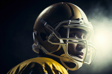 Close-up of a young player in a football helmet against a dark backdrop.