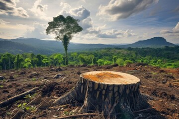 Fototapeta na wymiar A single tree stands in a deforested landscape, symbolizing loss and hope.