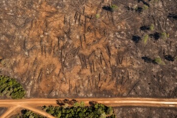 Aerial view of deforested land with sparse tree remnants and dirt tracks.