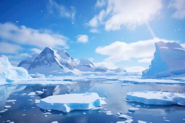 Sweeping view of Antarctica's ice mountains and drifting icebergs under a bright, sunny sky.