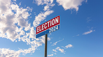 Fototapeta premium Election 2024 Sign Against Blue Sky with Clouds.A bold red and white election 2024 road sign stands out under a vast blue sky scattered with white clouds, symbolizing the upcoming political event.