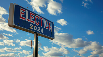 Obraz premium Election 2024 Sign Against Blue Sky with Clouds.A bold red and white election 2024 road sign stands out under a vast blue sky scattered with white clouds, symbolizing the upcoming political event.