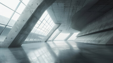 3d render of abstract futuristic glass architecture with empty concrete floor.