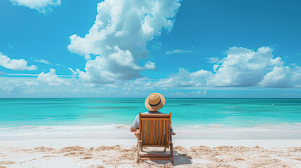 Back view of a person in a straw hat relaxing on a wooden beach chair, facing the calm turquoise ocean under a clear sky with fluffy clouds.