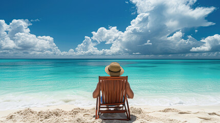 Fototapeta na wymiar Back view of a person in a straw hat relaxing on a wooden beach chair, facing the calm turquoise ocean under a clear sky with fluffy clouds.