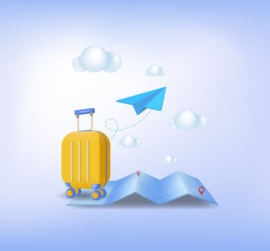 The concept of booking flights online. 
Tourism and vacation trip planning. 3d vector image