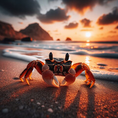 Crab on the beach at sunset time. 3D Rendering