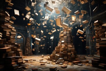 A large number of levitating and stacked books.