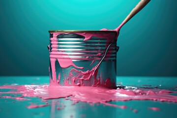 A bucket with a brush and spilled red paint on a blue background.