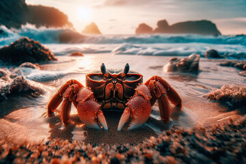 A little crab on the beach at sunset. The concept of exotic and exotic tourism - obrazy, fototapety, plakaty
